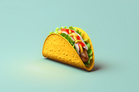 Taco with meat and vegetables isolated on blue background. 3d illustrationの素材