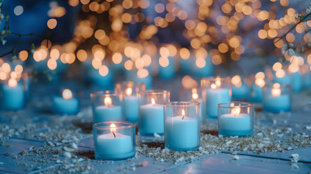 Burning candles in blue color on a wooden background with bokeh.の素材