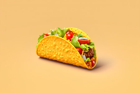Taco with meat and vegetables isolated on a yellow background. 3d illustrationの素材