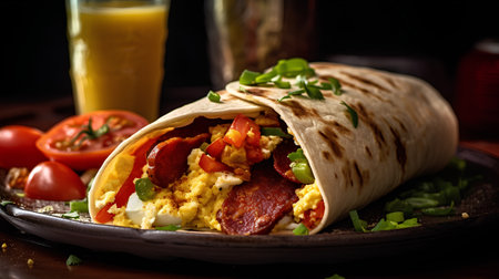 Tortilla wrap with scrambled eggs, sausage and vegetables on wooden backgroundの素材
