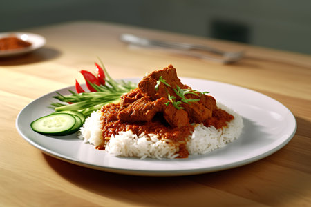 Crispy chicken curry with rice and vegetables on a wooden tableの素材