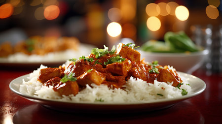 Chicken tikka masala served with steamed rice on a plateの素材