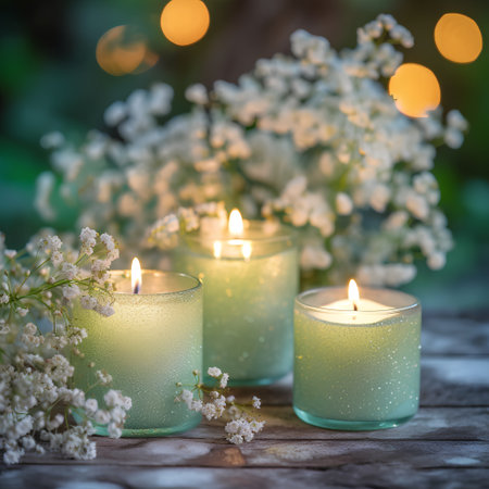 Burning candles and gypsophila flowers on wooden background.の素材