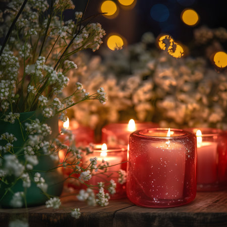 Burning red candles and gypsophila flowers on wooden backgroundの素材