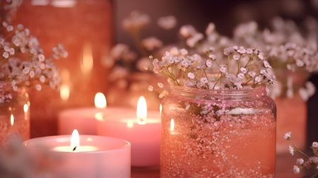 Spa still life with candles and gypsophila flowers.の素材
