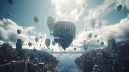 Futuristic airship flying over the city. 3D renderingの素材