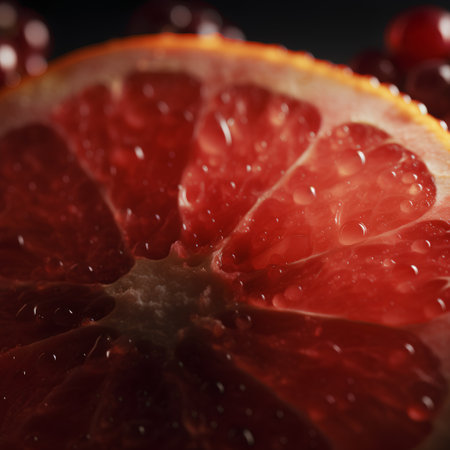 Slices of red grapefruit with water drops on a dark backgroundの素材