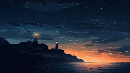 Night seascape with lighthouse, sea and sky, vector illustrationの素材