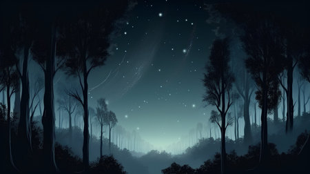 Dark forest at night with starry sky and moonlight vector illustrationの素材