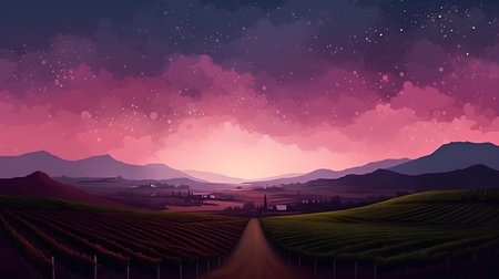 Night landscape with vineyards and mountains in the background, vector illustrationの素材