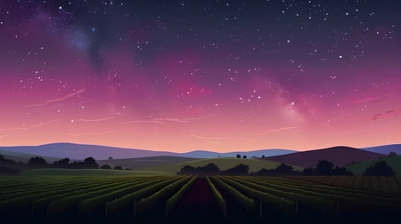 Night landscape with starry sky and silhouette of vineyard vector illustrationの素材
