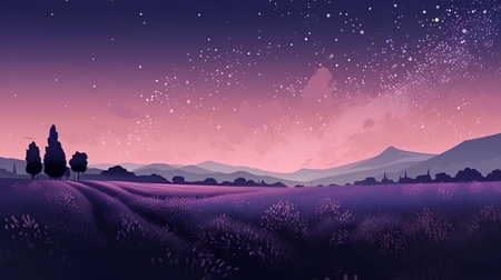 Night landscape with lavender field, mountains and stars. Vector illustration.の素材