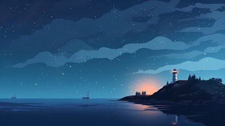 Night seascape with lighthouse on the island. Vector illustration.の素材