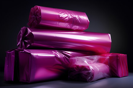 3D rendering of a group of pink plastic garbage bags on a black backgroundの素材