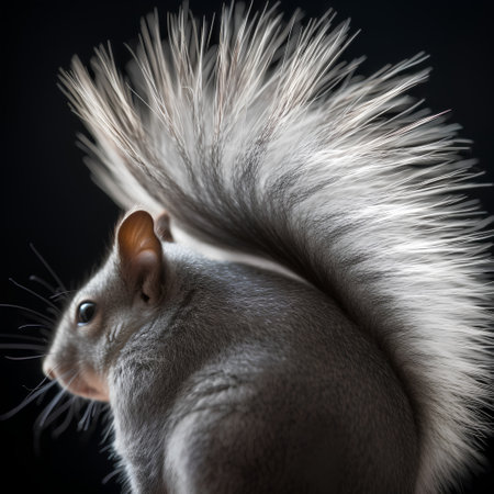 Portrait of a grey squirrel with fluffy tail on a black backgroundの素材