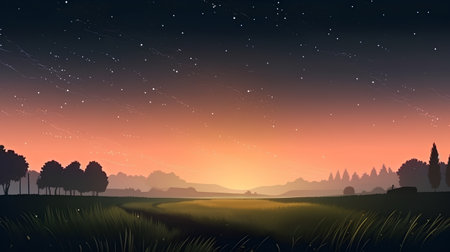 Night sky with stars and clouds over meadow. Vector illustration.の素材