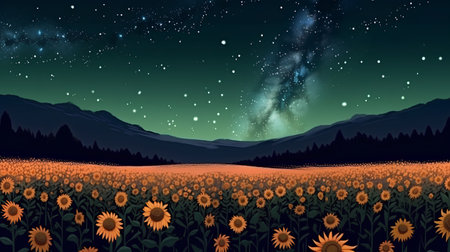 Night landscape with sunflowers and starry sky, vector illustrationの素材