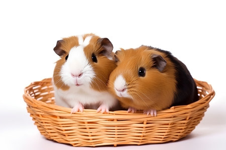 Two cute guinea pigs in a basket isolated on a white backgroundの素材