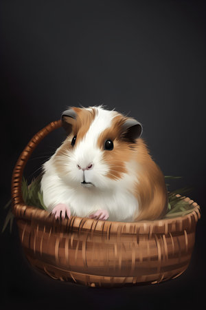Cute guinea pig in a wicker basket. Vector illustration.の素材