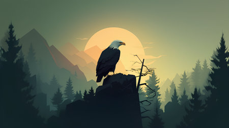 Bald eagle on top of a mountain in the forest. Vector illustrationの素材