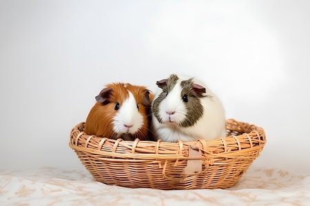 Two guinea pigs in a wicker basket on a white backgroundの素材