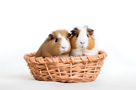 Two guinea pigs in a wicker basket on a white backgroundの素材
