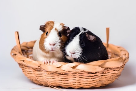 Two guinea pigs in a wicker basket on a white backgroundの素材