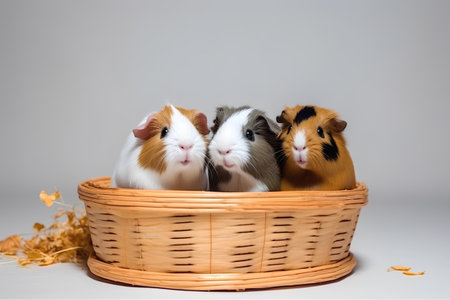 Three guinea pigs in a wicker basket on a gray backgroundの素材