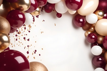 Festive background with red, gold and white balloons and confettiの素材