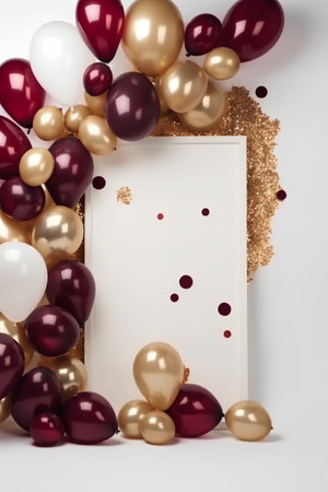 White card with red and golden balloons and confetti on white backgroundの素材