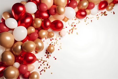 Festive background with red, white and gold balloons and confettiの素材