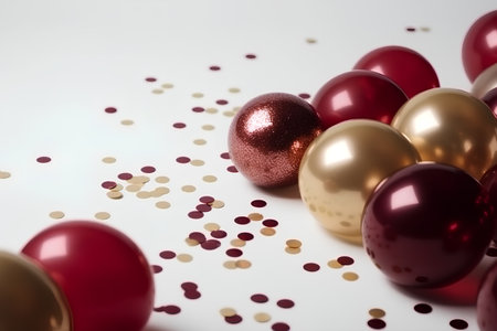 Red and gold christmas baubles with confetti on white backgroundの素材