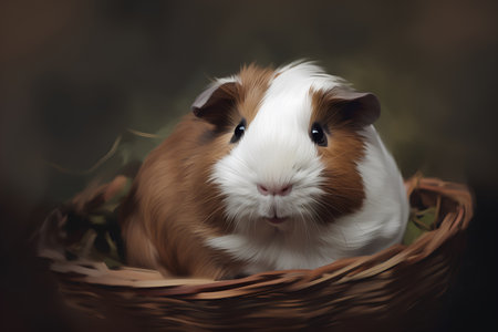 guinea pig in a basket on a background of the grass.の素材