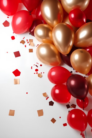 Celebration background with red, gold and white balloons and confettiの素材
