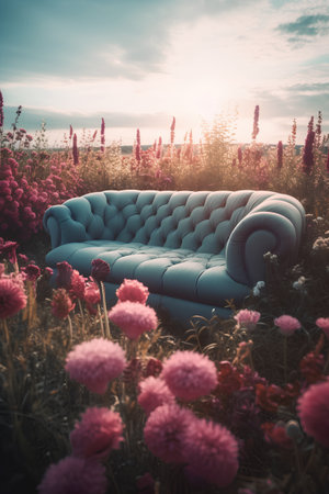 Sofa in the field at sunset. Colorful flowers.の素材