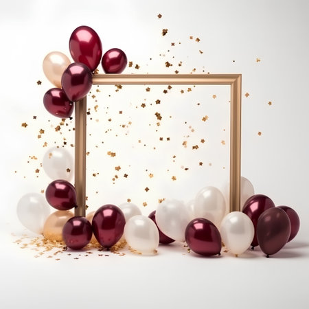 3d render of balloons and golden frame with confetti on white backgroundの素材