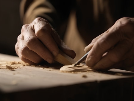 Close up of carpenter's hands working with wooden planks.の素材