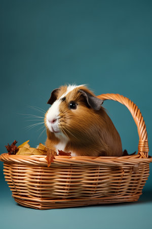 Guinea pig in a wicker basket on a blue background.の素材