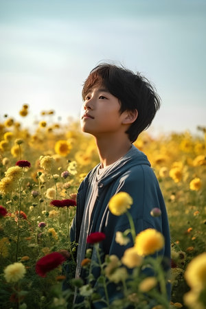 Portrait of a boy standing in the sunflower field at sunsetの素材