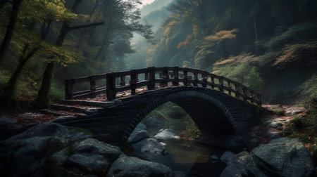 Wooden bridge over the river in the misty autumn forest.の素材