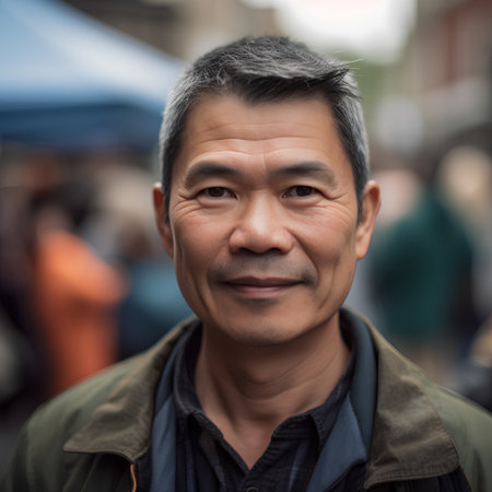Portrait of a smiling Asian man in the street. Shallow depth of field.の素材