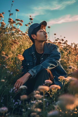 Portrait of a beautiful asian boy sitting on the grass at sunsetの素材