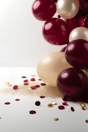 Holiday background with red, white and gold balloons and confettiの素材
