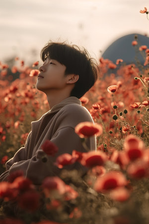 young asian man sitting in poppy field at sunset, vintage styleの素材