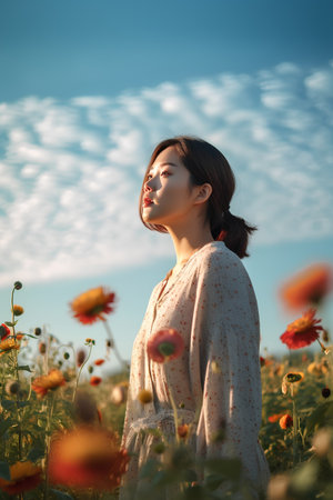 Beautiful asian woman in poppy field on blue sky background.の素材