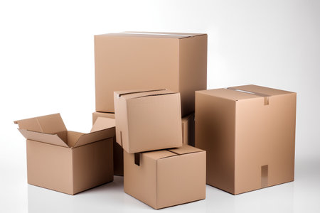Brown cardboard boxes isolated on white background. 3d illustration. Clipping path included.の素材