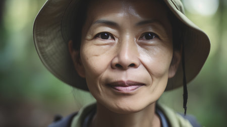 Portrait of asian senior woman in hat looking at camera.の素材