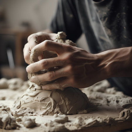 Close up of a potter's hands working with clay on a tableの素材