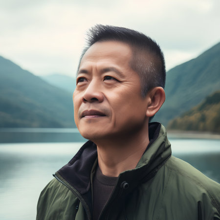 Portrait of Asian man standing on the bank of a mountain lakeの素材
