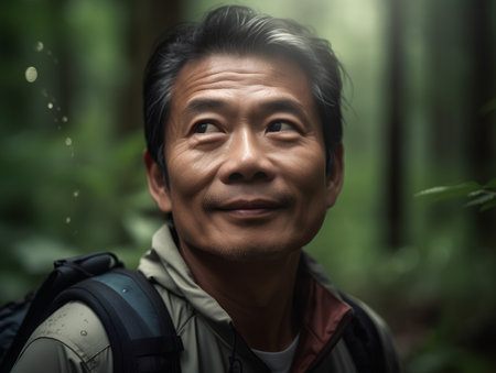 Portrait of happy smiling asian man with backpack in the forestの素材